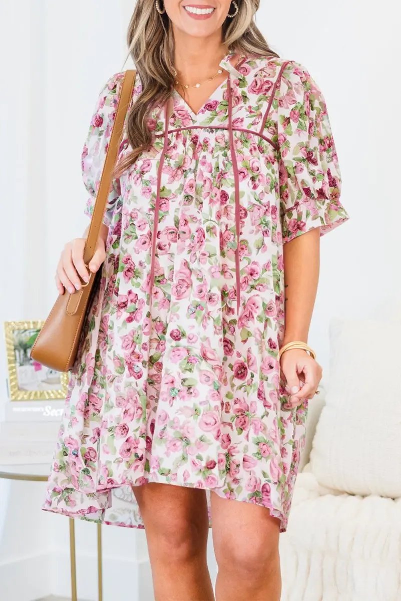 Pink Floral Split Neck Short Sleeve Loose Plus Size Mini Dress - Love Salve
